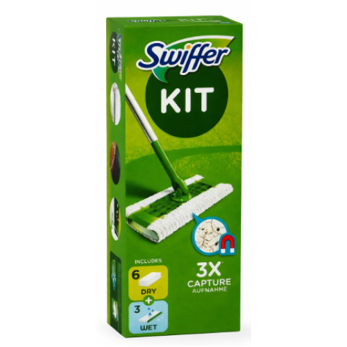 Швабра для мытья полов Swiffer Kit + 6 сухих и 3 влажных салфетки (в оригинальной крафтовой упаковке)